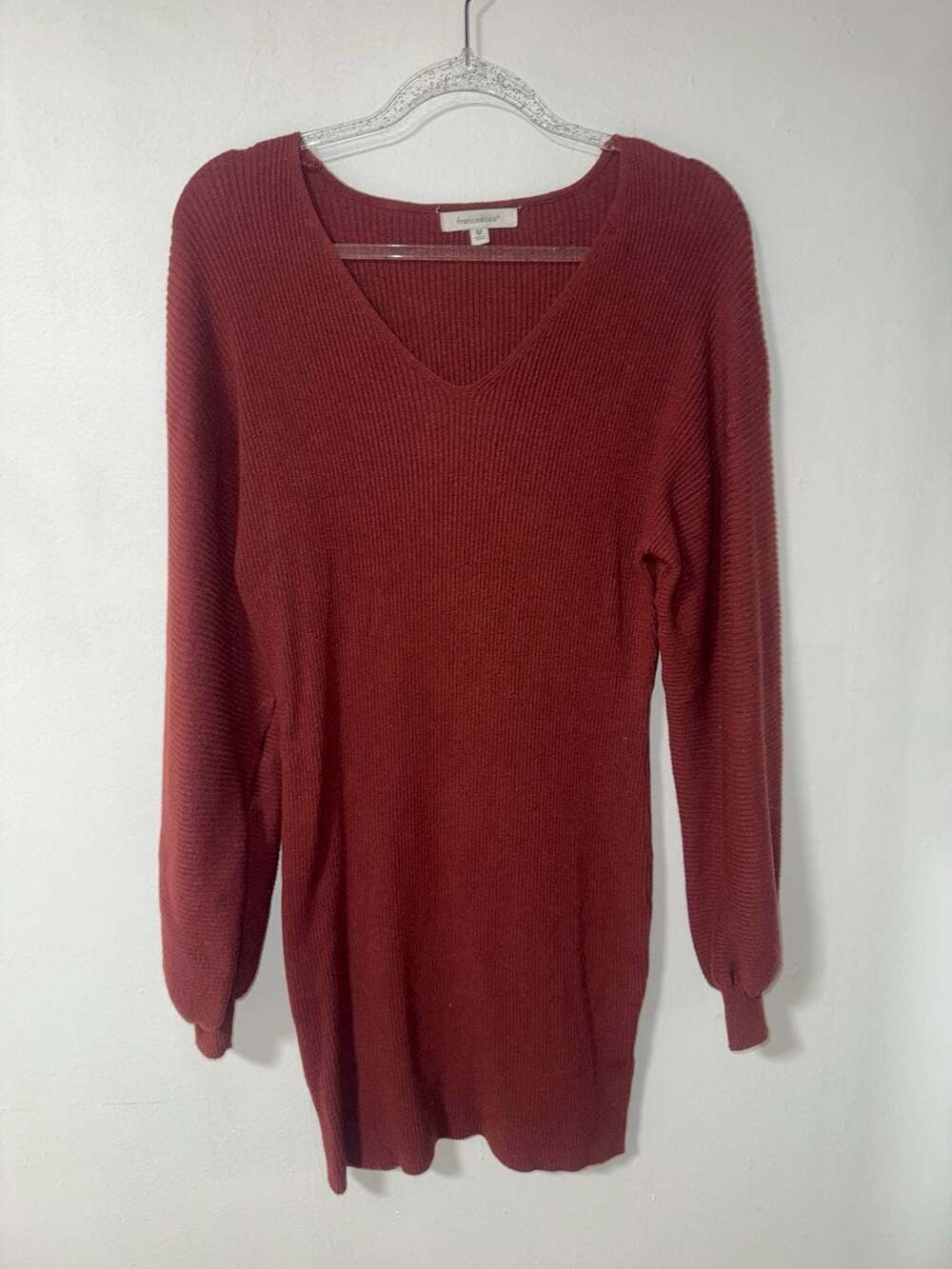 Francesca's Rust Red V-Neck Ribbed Long Sleeve Sweater Dress Size M